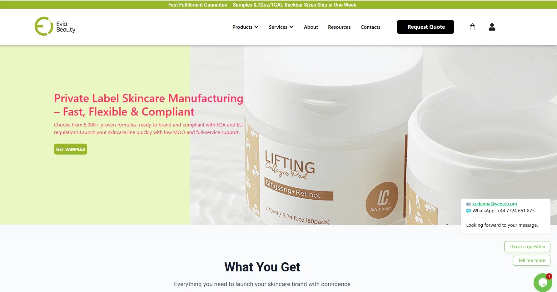 Screenshot of Evia Beauty webpage offering private label skincare manufacturing with options to get samples and contact via email or WhatsApp.